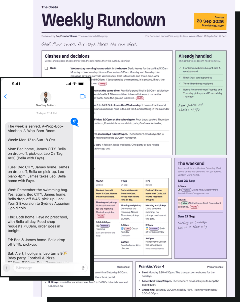 A sample Weekly Rundown page, and a phone showing the week's message